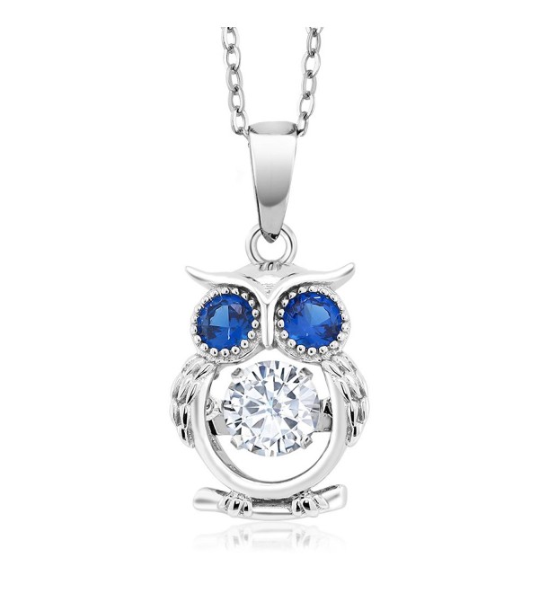 Dancing 925 Sterling Silver White and Blue CZ Owl Pendant With 18 Inch Chain - CX18366SC9U