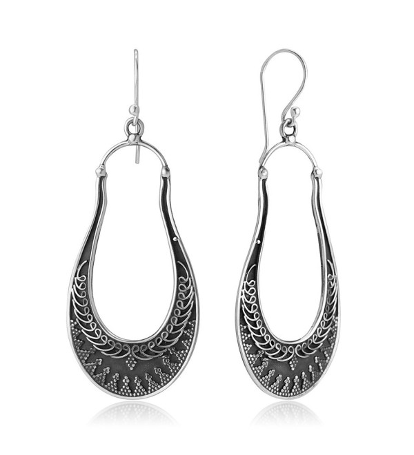 925 Oxidized Sterling Silver Delicated Ethnic Tribal Filigree Indian Long Hoops Earrings 2.59" - C017YT89UXR