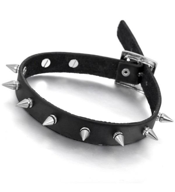 Women-Men's Alloy Genuine Leather Necklace Choker Collar Black Silver Tone  Awl Taper Rivets Adjustable - CG12871ZL1X
