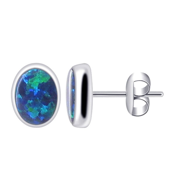 Gem Avenue 925 Sterling Silver Oval Created Blue Opal Gemstone Post back Stud Earrings - CK114P37YA3