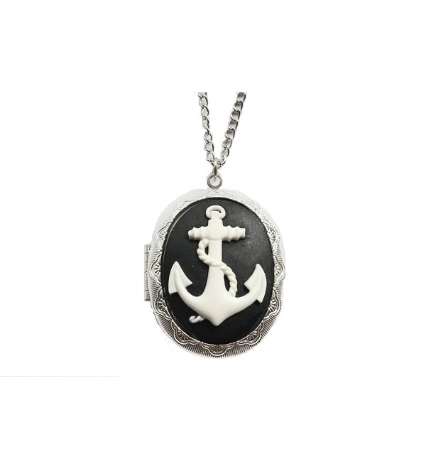 Anchor Locket Necklace- Black & White Nautical Cameo Cabochon in Antique Silver - C6127ESI0P9