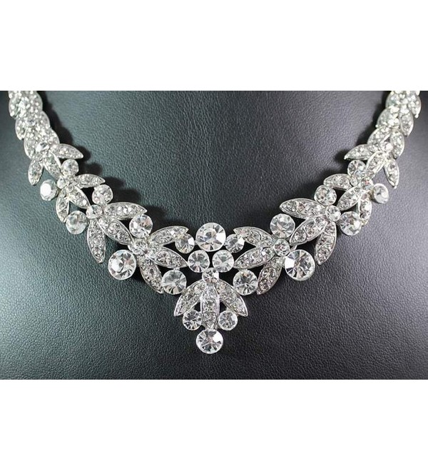 Floral Clear Austrian Rhinestone Crystal Necklace Earrings Set Bridal