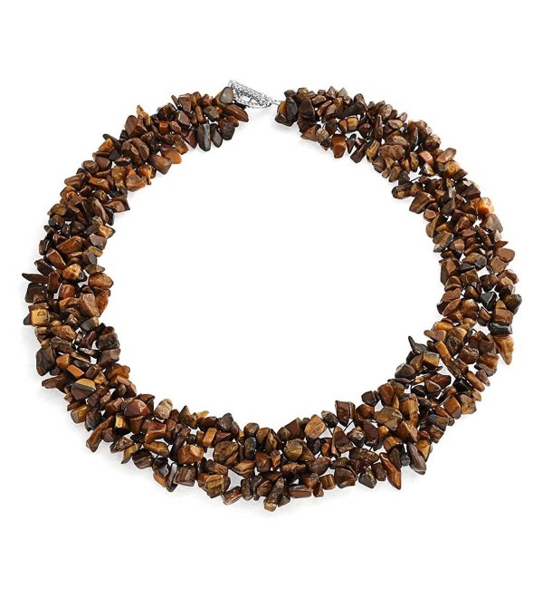 Bling Jewelry Multi Strands Simulated Tiger Eye Chips Chunky Silver Plated Necklace 18 Inches - CI11KXTLLVH