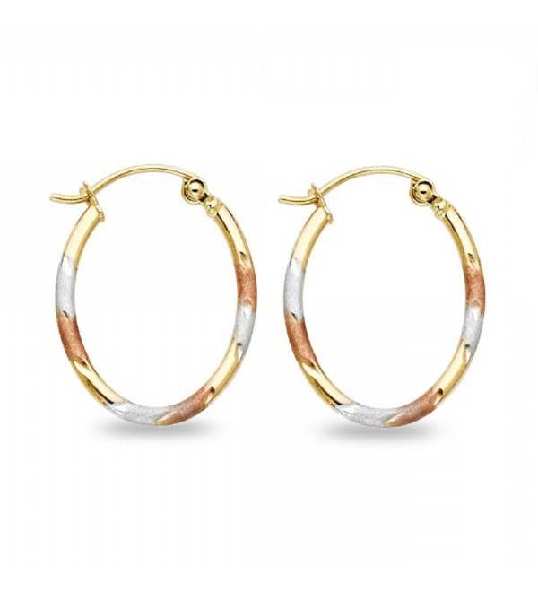 Solid 14k Yellow White Rose Gold Oval Tube Hoop Earrings Diamond Cut Satin Tri Color 20 x 1.5 mm - CX185AUODX2