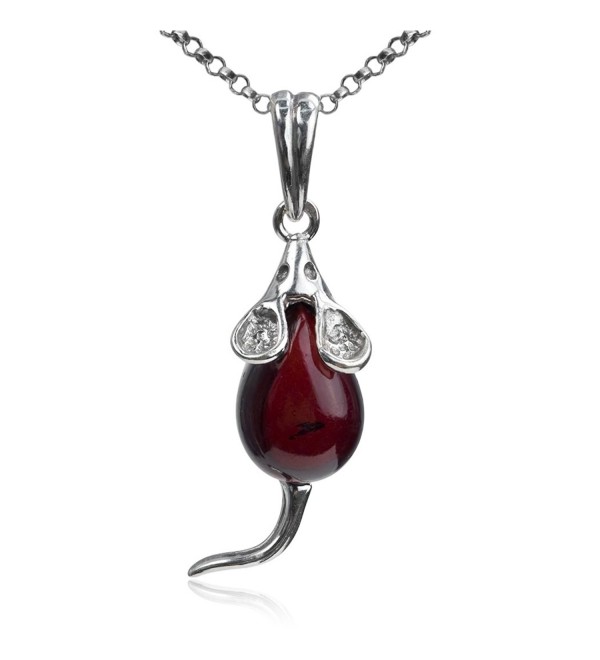 Cherry Amber Sterling Silver Mouse Pendant Necklace Chain 18