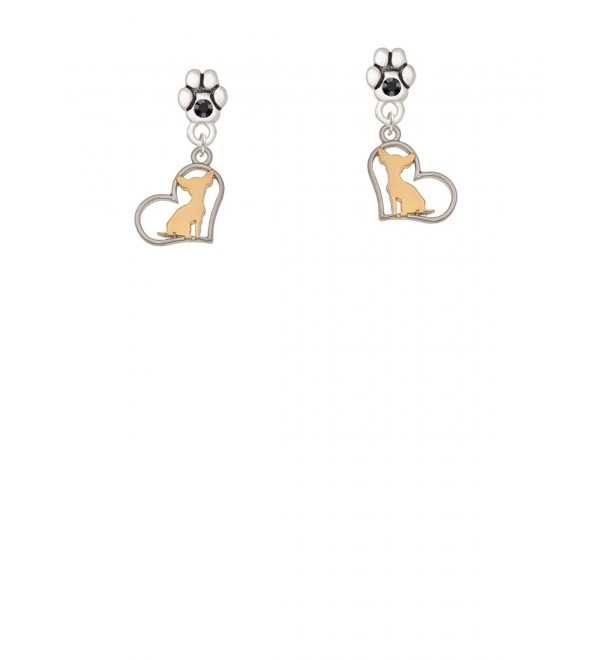 Two Tone Chihuahua Silhouette Heart - Crystal Paw Earrings - CR17YTWQKTQ