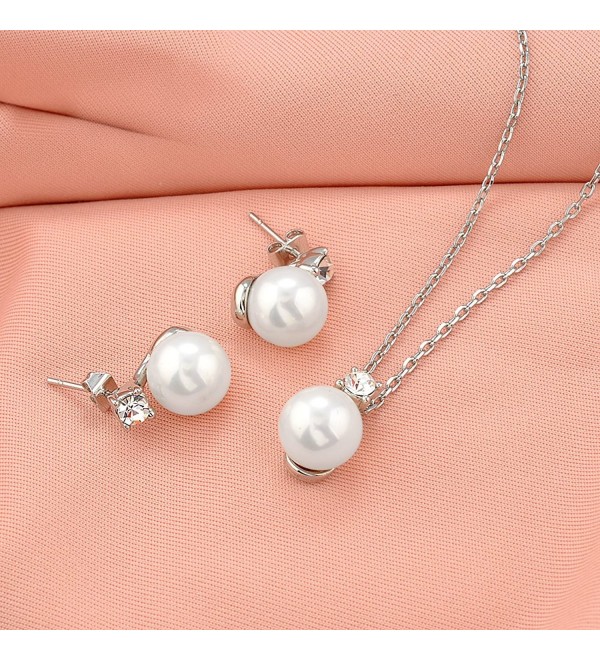 10mm Simulated White Pearl Crystal Pendant Necklace and Stud Earrings ...