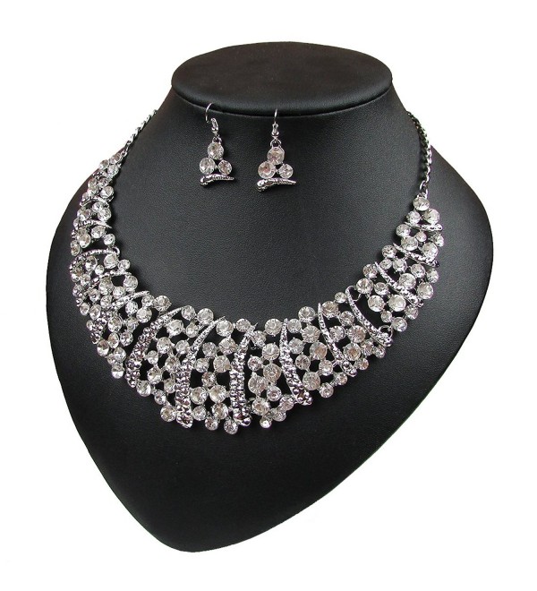 Women Luxury Rhinestone Choker Necklace and Earring Set Bride Jewellery Set - Silver - CD12MC43GS1