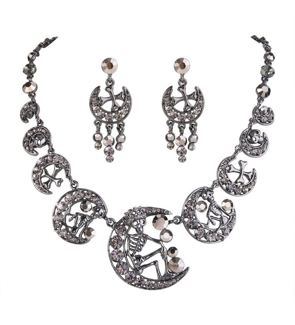 EVER FAITH Austrian Crystal Vintage Style Skull Cross Moon Necklace Earrings Set - Black Black-Tone - C011IO2S6TZ