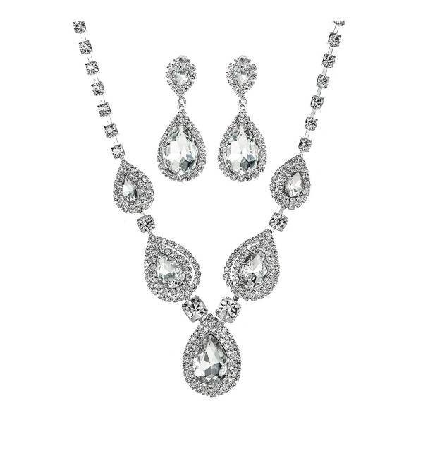 Miraculous Garden Teardrop Crystal Rhinestone Necklace Earrings Jewelry Sets for Wedding - White - C8186094HUT